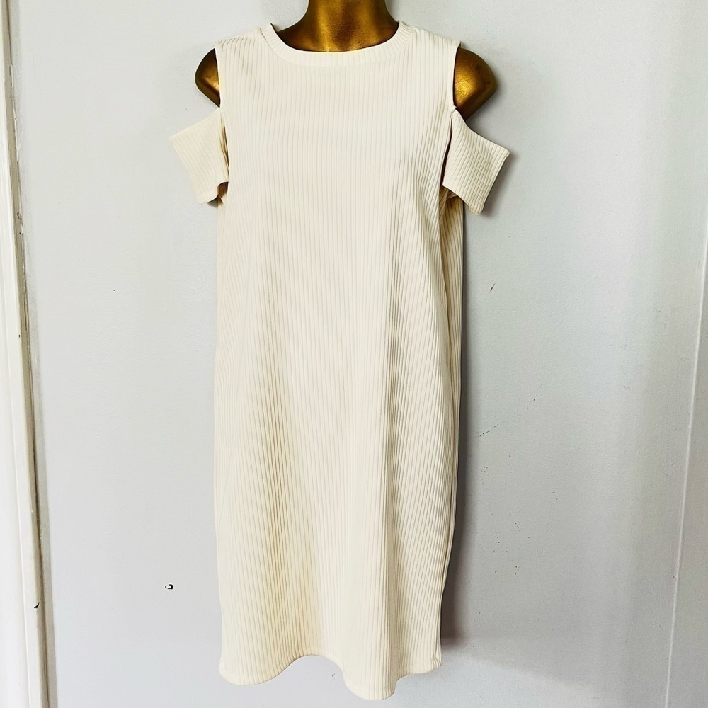 Zara Cream Ribbed Cold Shoulder Midi Dress Large | Boho Bridal Chic Elegant - Picture 2 of 4